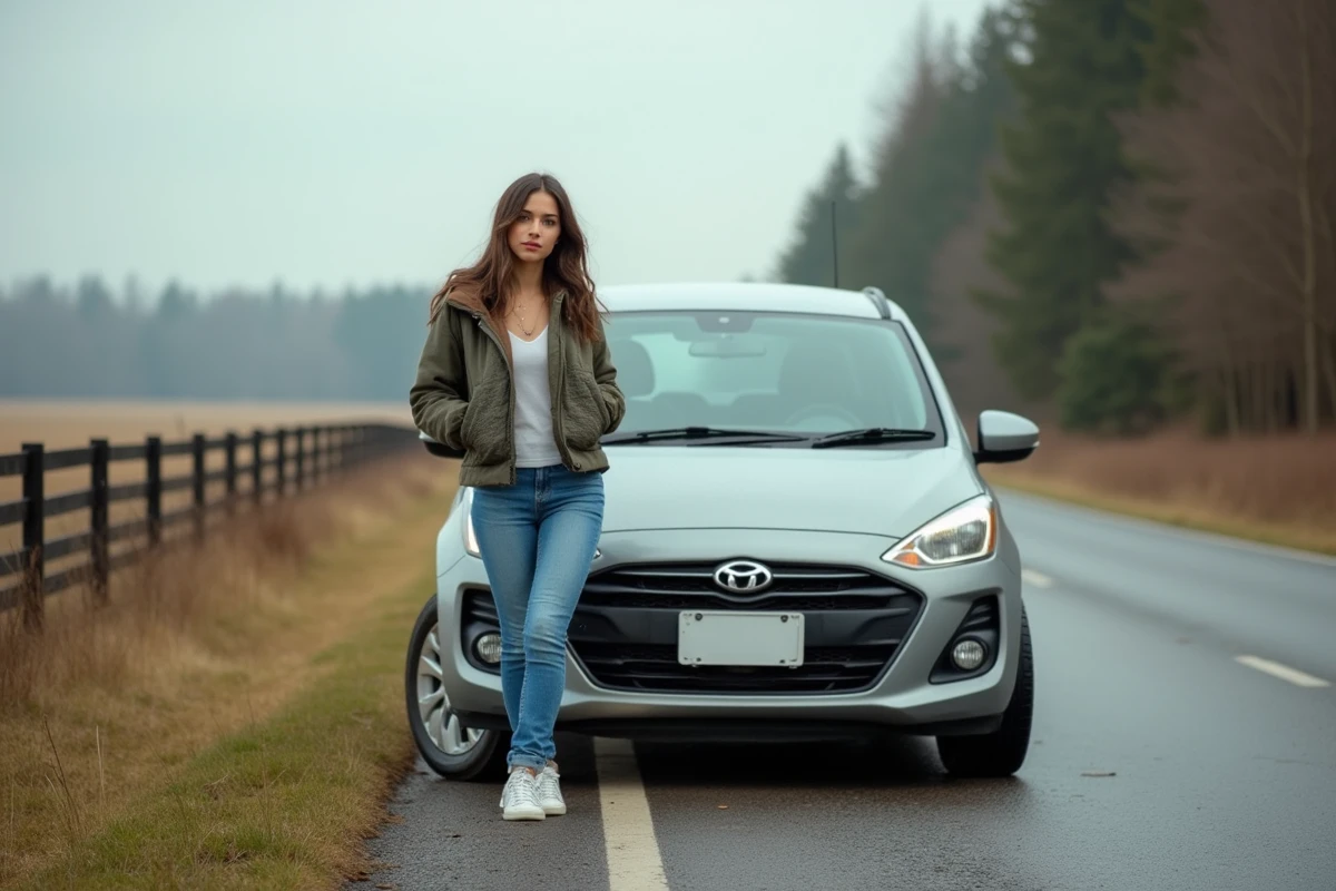 Jeune femme vérifiant la pression de ses pneus sur la route