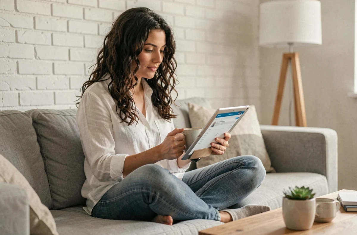 Jeune femme consultant le webmail Orange fr sur tablette depuis son canapé à la maison