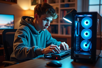 Jeune homme assemble un PC gaming dans une salle cosy
