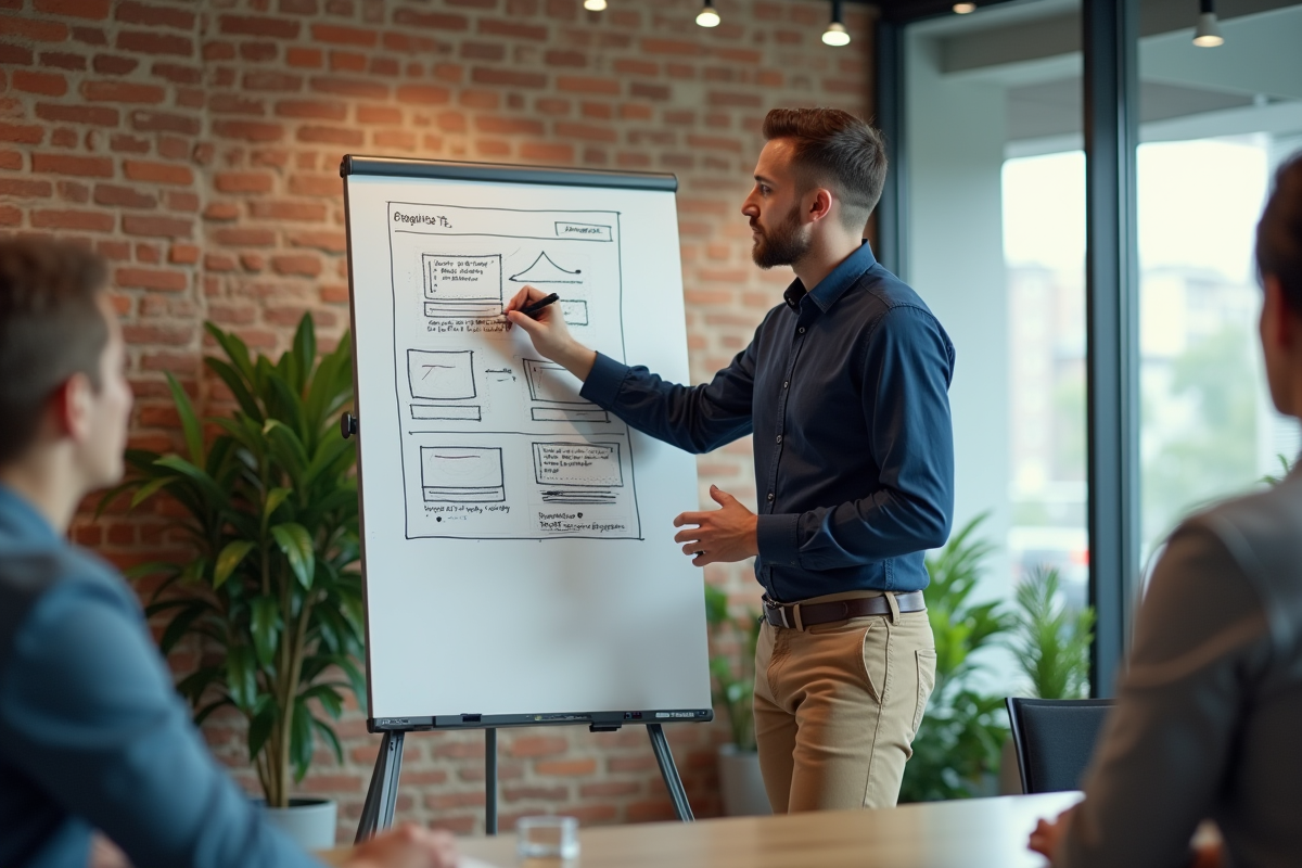 Jeune homme dessinant une maquette web en réunion