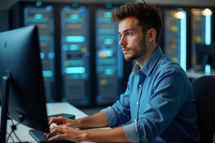 Jeune homme concentré configurant un serveur informatique