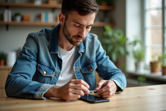 Jeune homme insérant une carte SIM dans un smartphone Motorola