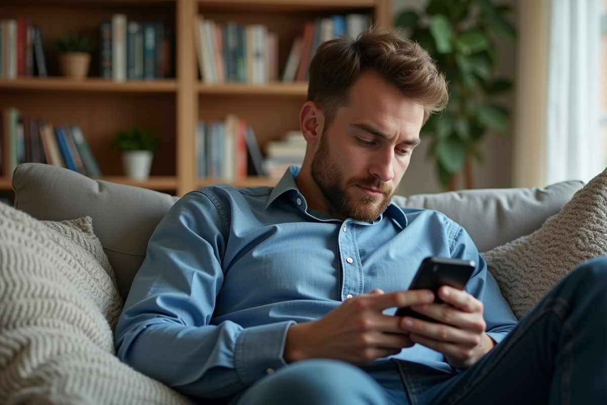 Jeune homme sur un canapé regardant ses annonces Facebook