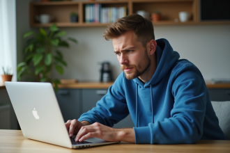 Jeune homme en hoodie bleu devant son ordinateur &agrave; la maison