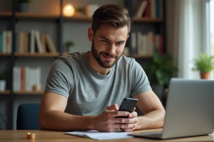 Jeune homme avec smartphone dans un bureau moderne