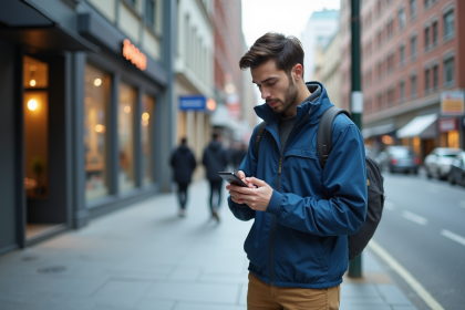 Jeune homme dans la ville vérifiant son smartphone