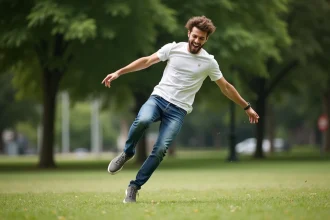 Jeune homme en action effectuant un barrel roll dans un parc