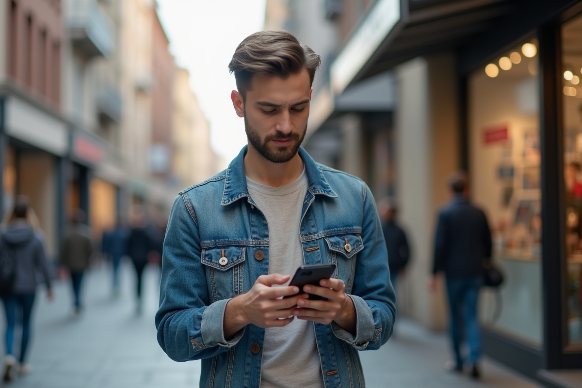 Jeune homme regardant son smartphone dans une rue urbaine animée