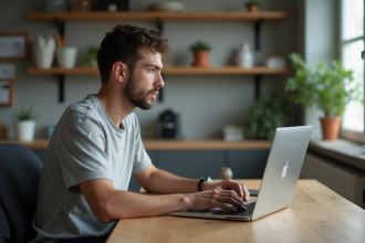 Jeune homme concentr&eacute; utilisant un ordinateur portable dans un espace moderne