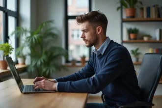 Jeune homme travaillant sur un laptop avec un cadenas digital