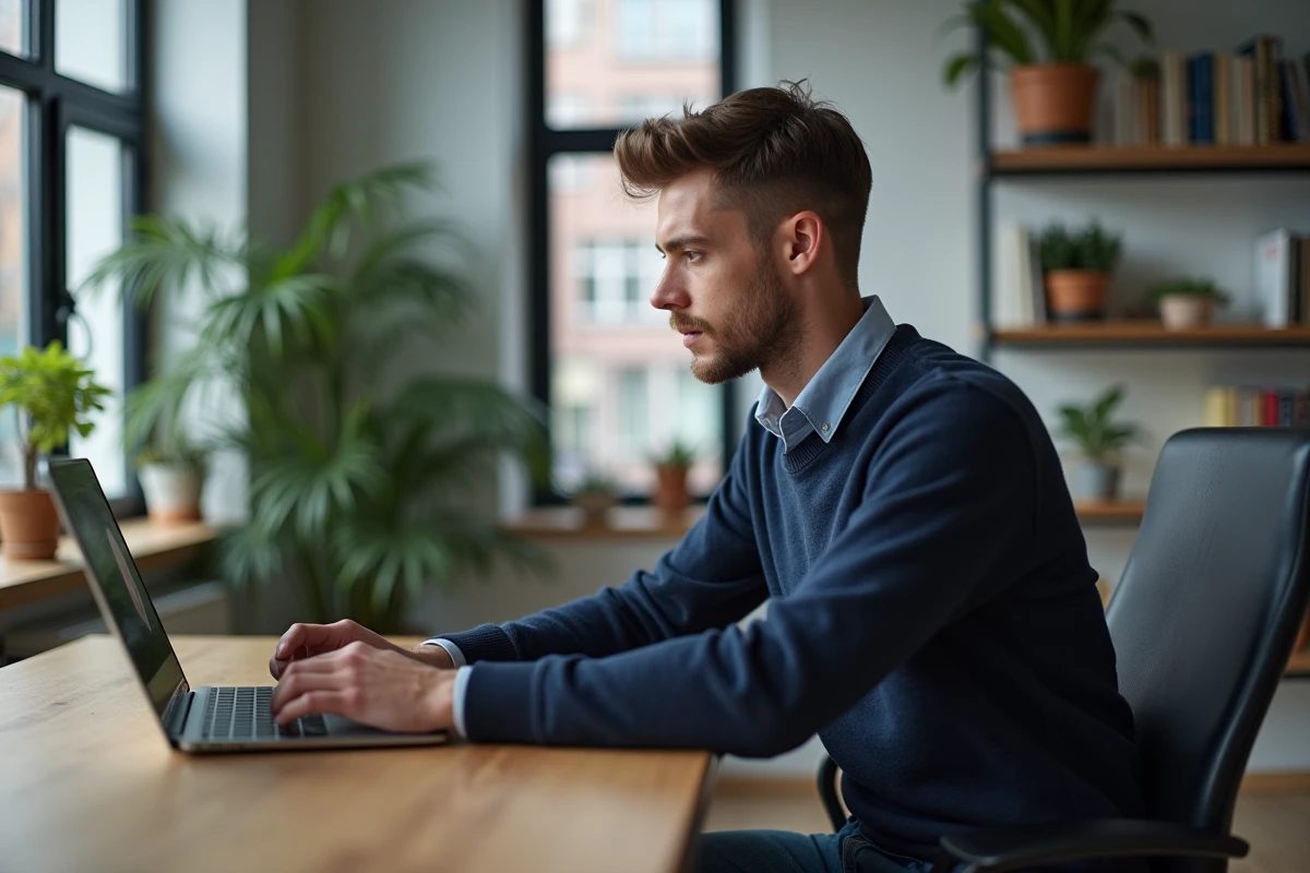 Jeune homme travaillant sur un laptop avec un cadenas digital