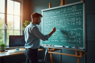 Jeune mathematicien travaillant sur une équation complexe dans un bureau lumineux