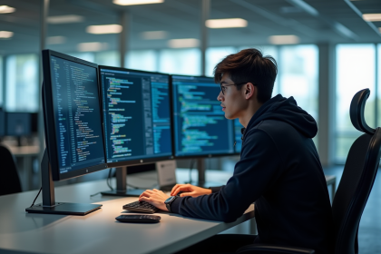 Jeune professionnel en cybersécurité au bureau lumineux