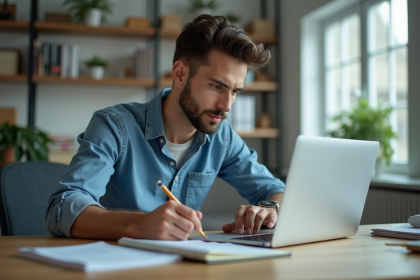 Jeune homme professionnel analysant un ordinateur dans un bureau lumineux
