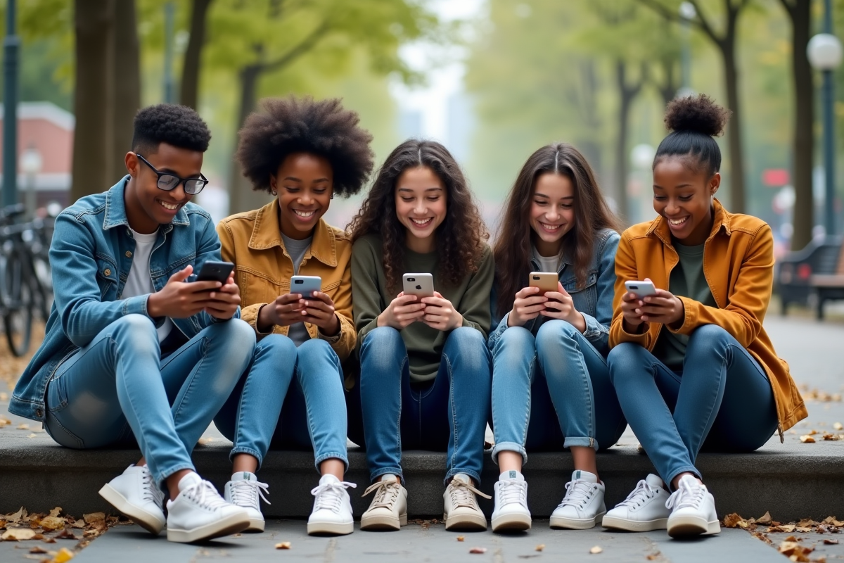 Jeunes dans un parc urbain utilisant des smartphones