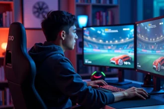 Joueur de Rocket League optimisant ses FPS avec Bakkesmod sur un setup gaming double écran
