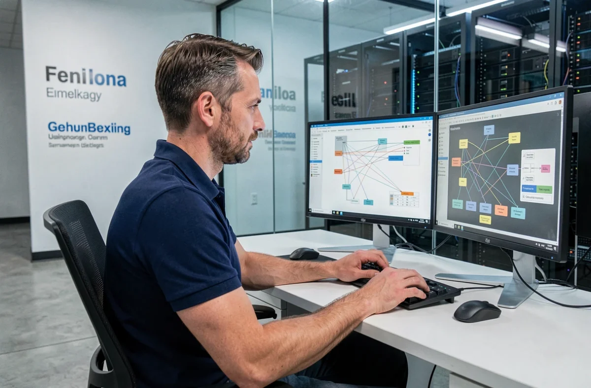 Consultant informatique de Kerionis analysant une infrastructure réseau sur écrans doubles dans un bureau professionnel