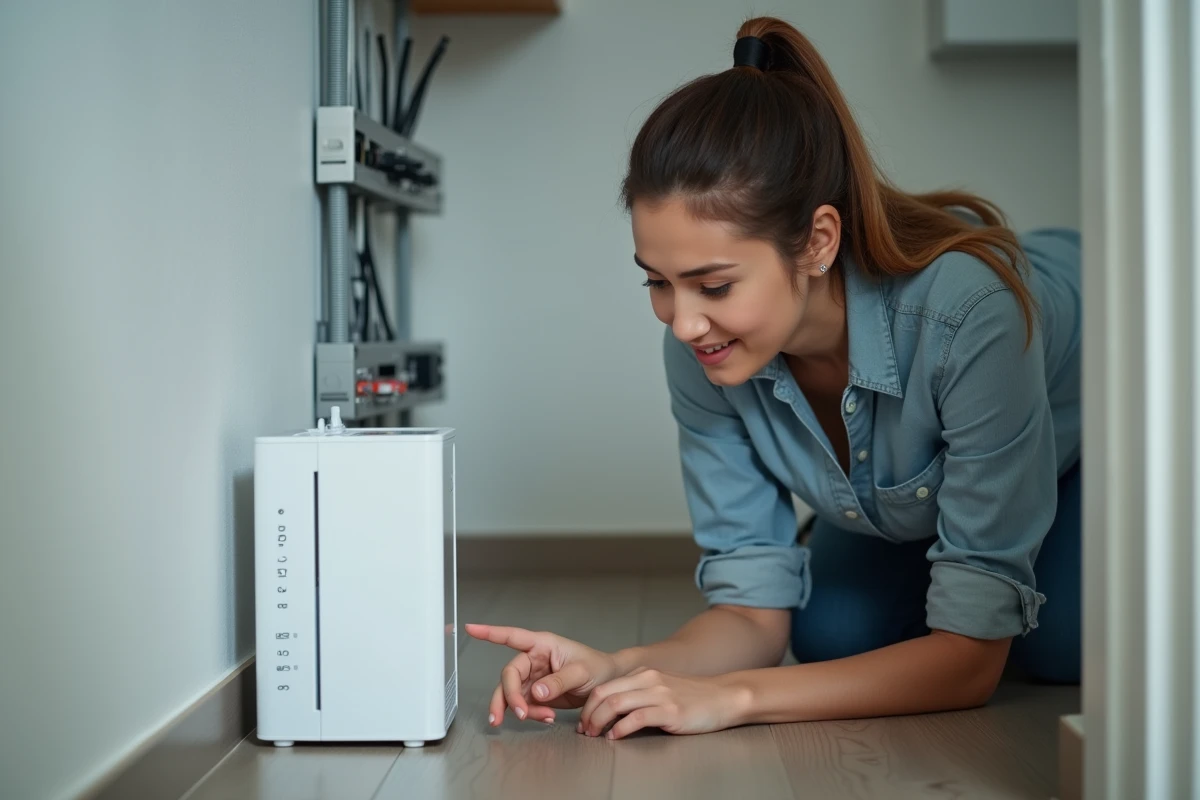 Femme lisant l'adresse IP imprimée au dos d'un routeur Wi-Fi dans un couloir