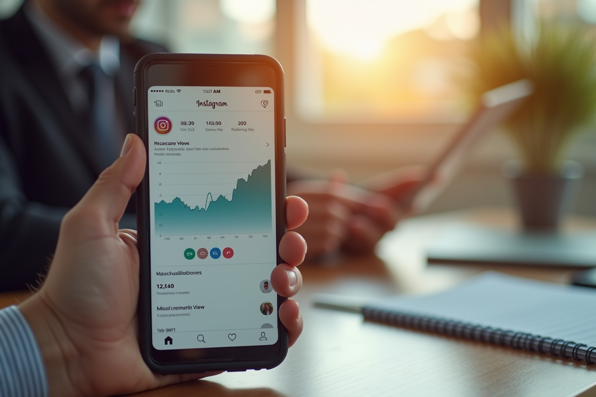 Main d'une personne tenant un smartphone avec graphique Instagram