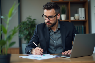 Manager analysant des graphiques numériques dans son bureau