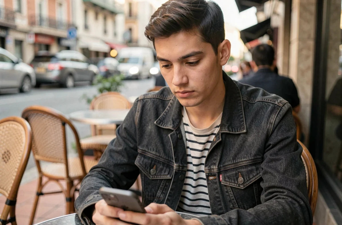 Jeune adulte regardant discrètement une megastory Snapchat sur smartphone en terrasse de café en ville