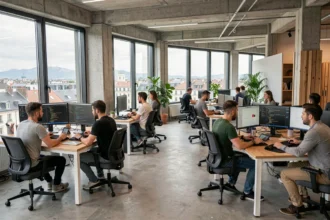 Vue d'ensemble d'une agence de développement web moderne à Lyon en Auvergne-Rhône-Alpes avec des développeurs au travail