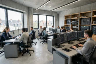 Équipe de prestataires informatiques collaborant dans un bureau moderne à Rennes en Ille-et-Vilaine
