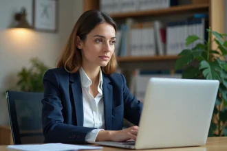 Femme enseignante consultant sa messagerie académique webmail sur un ordinateur portable dans un bureau universitaire en Normandie