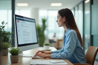 Femme utilisant une messagerie académique webmail sur un ordinateur de bureau dans un bureau institutionnel moderne