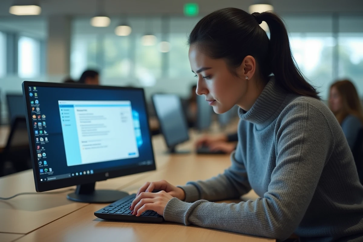Femme mettant à jour les pilotes de Windows 7 Professional sur un ordinateur portable dans un bureau moderne