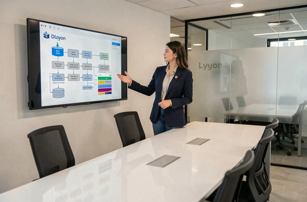 Consultante de l'agence Naratys à Lyon présentant une application métier sur mesure lors d'une réunion