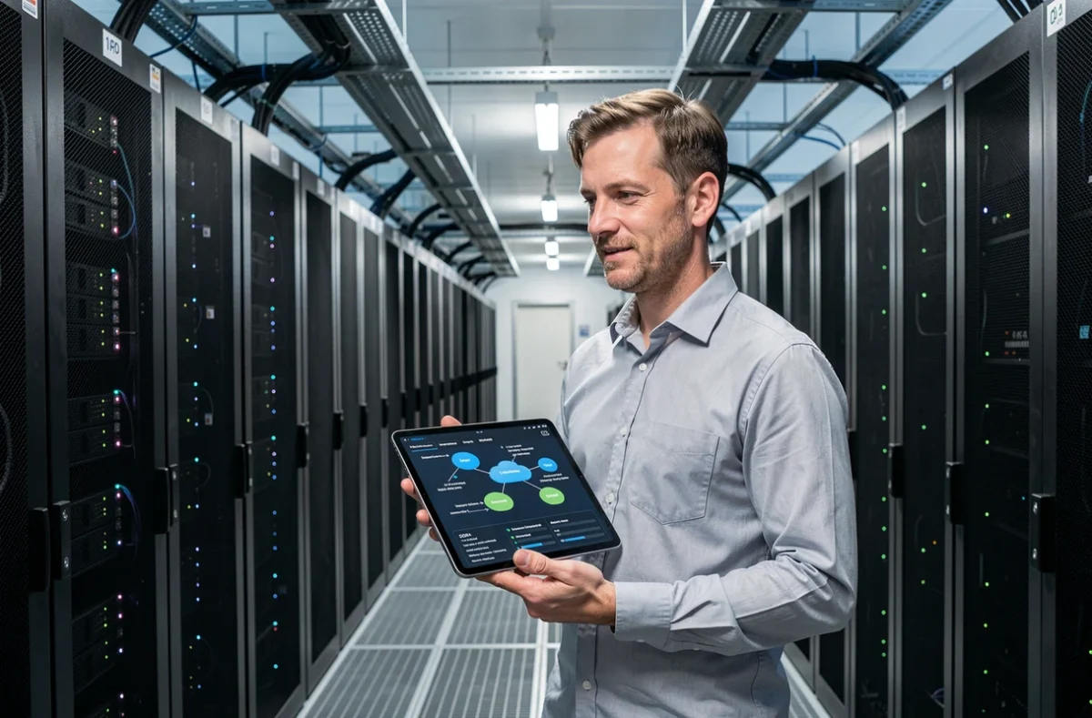Ingénieur cloud de NFrance dans un datacenter présentant des diagrammes d'hébergement et de conformité DORA sur tablette