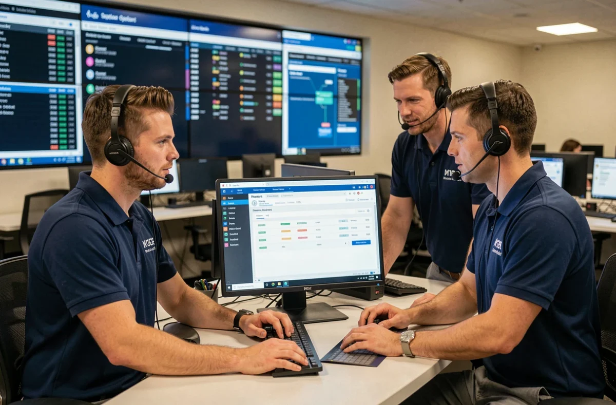 Équipe de support informatique NowTeam en centre d'opérations avec casques et tableau de bord de monitoring réseau