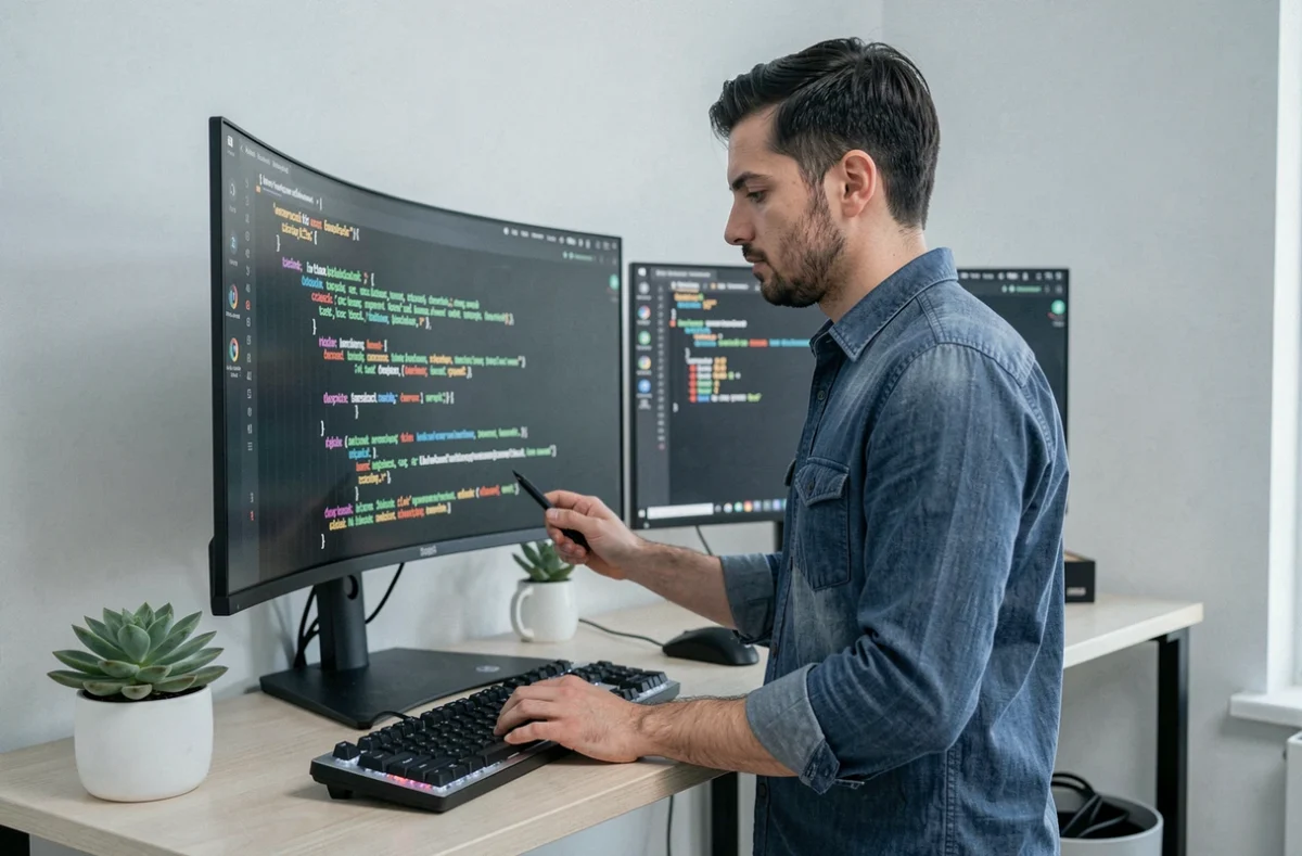 Développeur open source d'Opensyd codant en Python sur un écran incurvé dans un bureau minimaliste
