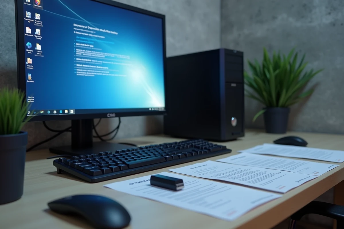 Poste de travail avec paramètres de performances Windows 7 Professional affichés sur un écran et clé USB connectée