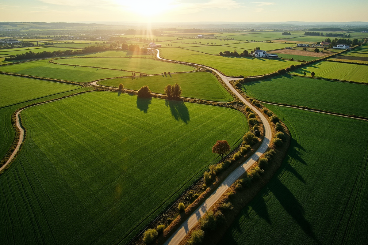 Paysage rural vu du ciel avec champs verts routes et ombre de drone