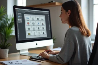 Graphiste personnalisant un logo avec des icônes personnalisées sur un écran iMac dans un bureau créatif moderne