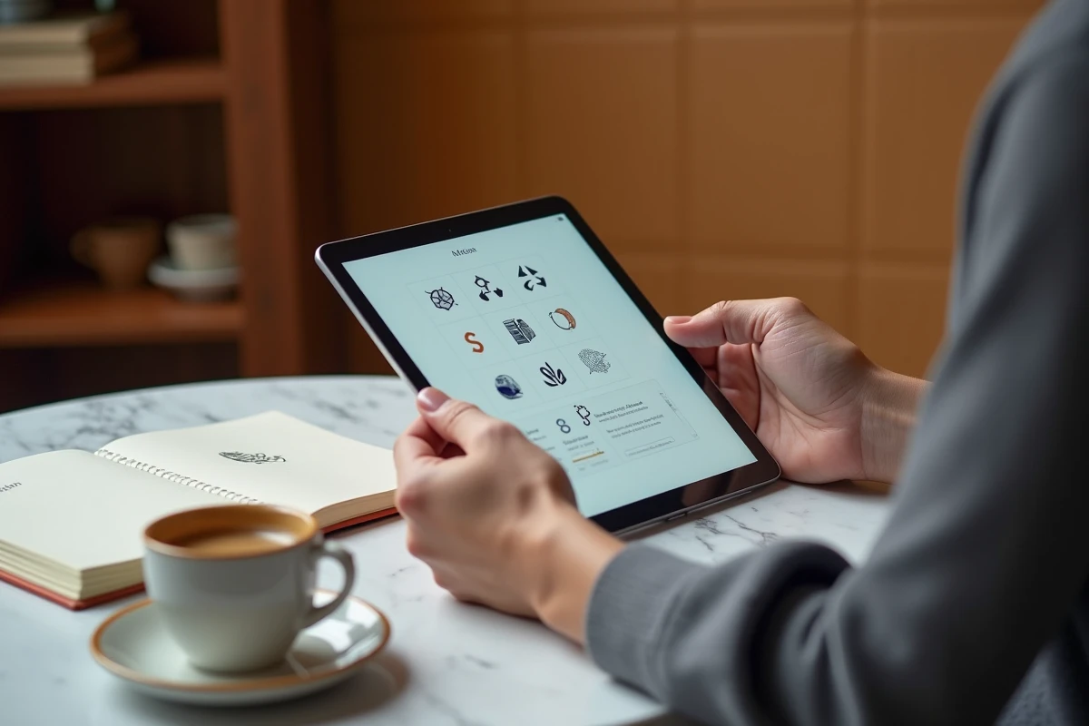 Mains tenant une tablette avec une application de personnalisation de logo et d'icônes dans un café, avec un carnet de croquis ouvert