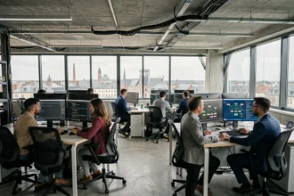 Équipe de prestataires informatiques en Moselle collaborant dans un open space moderne avec tableaux de bord réseau sur écrans