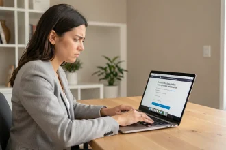 Femme en blazer gris face à un problème d'activation de compte sur eDocPerso fr depuis son bureau à domicile