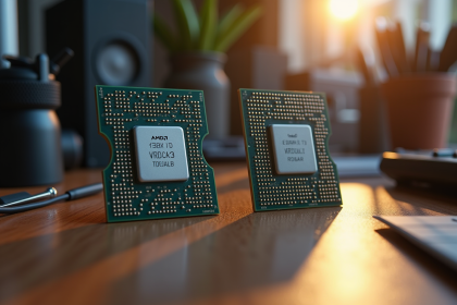 Processeurs AMD et Intel côte à côte sur un bureau en bois bien éclairé