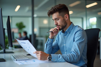 Jeune homme en chemise bleue analysant un diagramme réseau