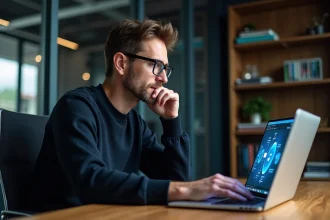 Homme professionnel IT concentré sur un ordinateur avec diagrammes réseau