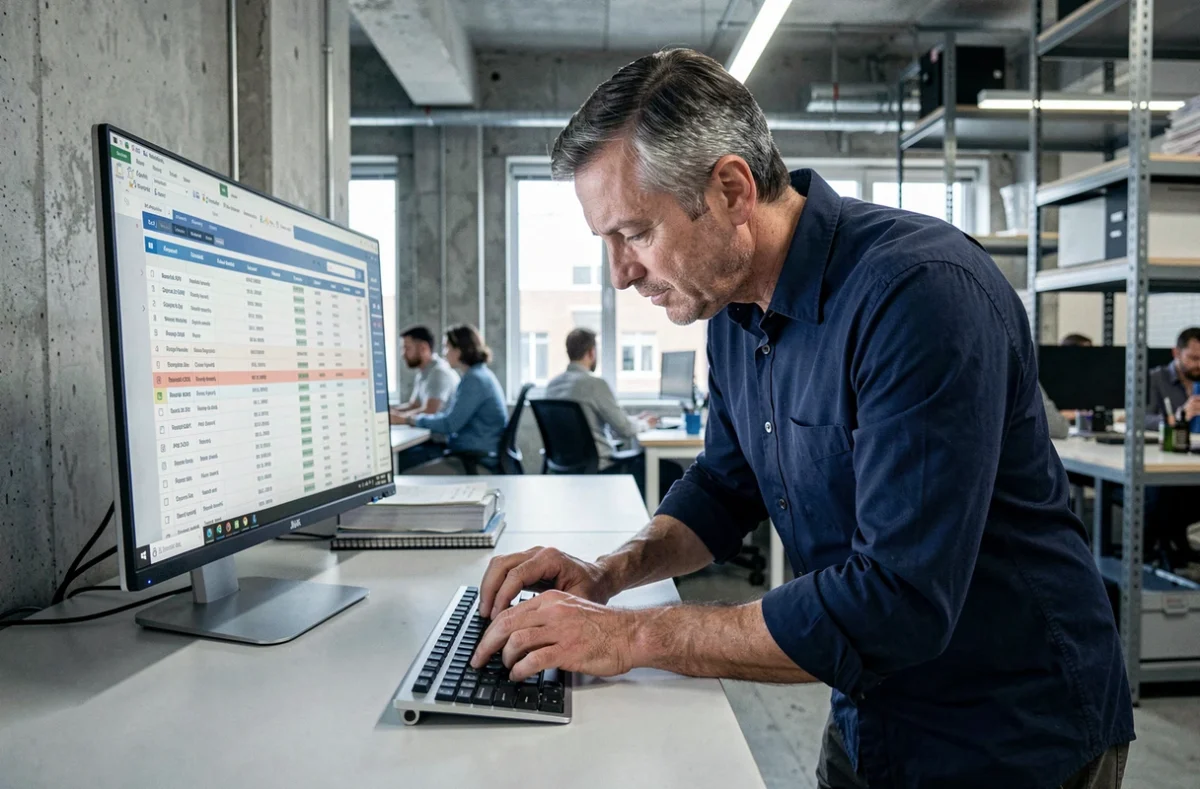 Homme en bureau open space utilisant le raccourci Ctrl+Z pour récupérer des données supprimées dans un tableur