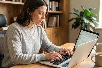 Femme utilisant le raccourci clavier Ctrl+Z pour annuler une action sur un ordinateur portable dans un bureau à domicile