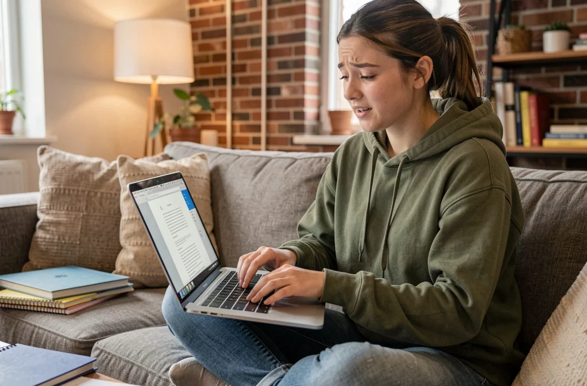 Étudiante utilisant le raccourci Command+Z sur un Mac pour annuler la suppression d'un document dans son appartement
