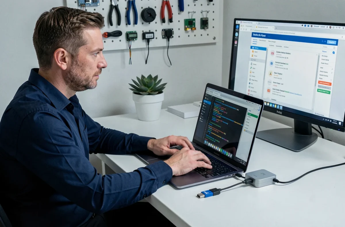 Homme utilisant un MacBook Pro pour récupérer des données sur une clé USB connectée via un hub USB-C