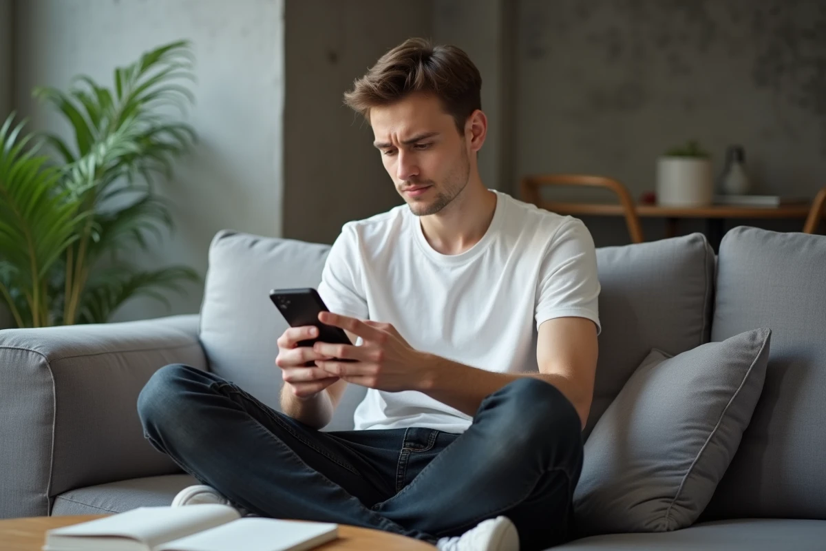 Jeune adulte utilisant un smartphone pour récupérer un email supprimé par erreur depuis l'application mobile de messagerie