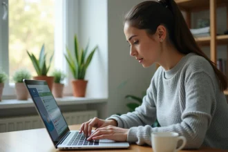 Femme consultant son client de messagerie pour récupérer un email supprimé par erreur depuis la corbeille de son ordinateur portable