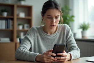 Femme tenant un iPhone affichant une galerie de photos vide après réinitialisation, cherchant à récupérer des photos supprimées